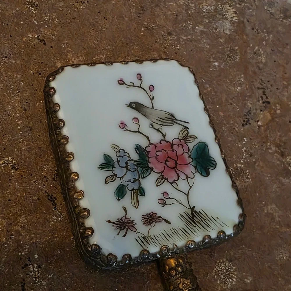 Vintage Chinese Hand Mirror Porcelain Bird Floral Jade Handle Ornate Metal Frame